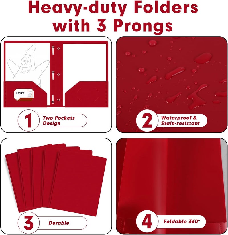 LAYZZ Plastic 2 Pocket Folders with Prongs, 30 Pack, Heavyweight, Letter Size Poly Folders with 3 Metal Prongs Fastener Clips (Red) - Image 5